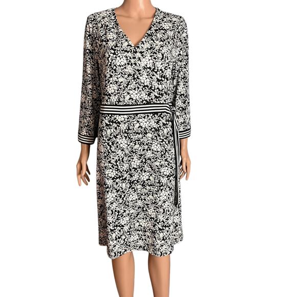 Talbots Black White Faux Wrap Knit Dress Large Striped Belt/Cuffs Slinky Stretch - Picture 1 of 6